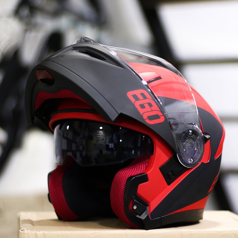 Mũ bảo hiểm fullface EGO E9 lật hàm 2 kính đen đỏ nhám