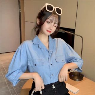 [Hàng order] Áo sơmi jean xanh nhạt tay phồng lỡ
