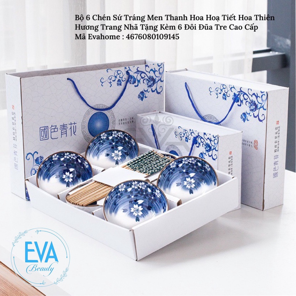 SÉT 6 Chén Sứ Hoạ Tiết Hoa Văn Phong Cách Tặng Kèm 6 Đũa Hoá ĐẸP