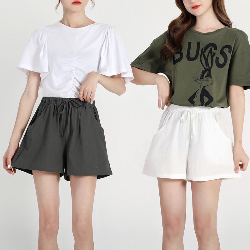 quần short nữ ống rộng chất đũi thun sooc trơn cạp chun cá tính