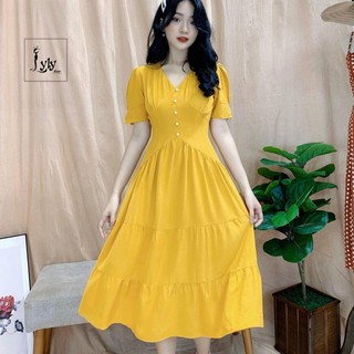 Đầm công sở, váy đầm xòe dự tiệc cưới Linen hàn quốc,tay ngắn cổ V, lyly shop