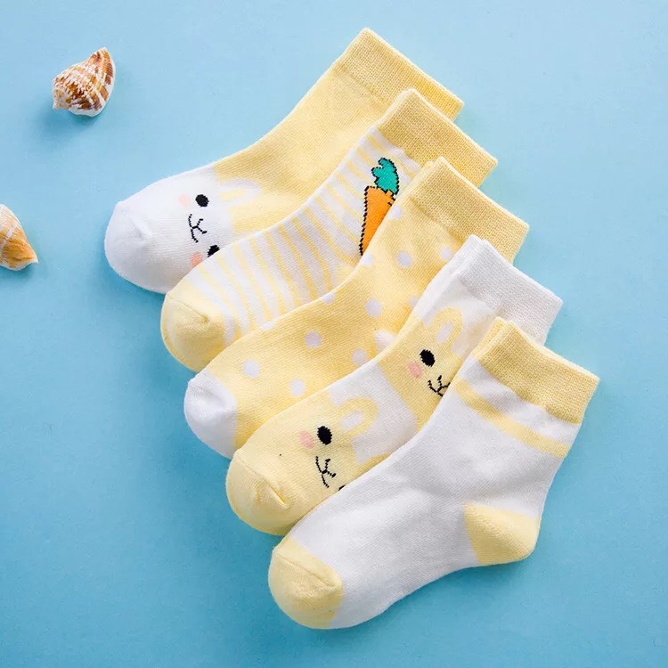 Tất Cho Bé Từ 0 Đến 6 Tuổi Set 5 Đôi Cotton Họa Tiết Hình Thỏ,Thoáng Khí, Co Giãn