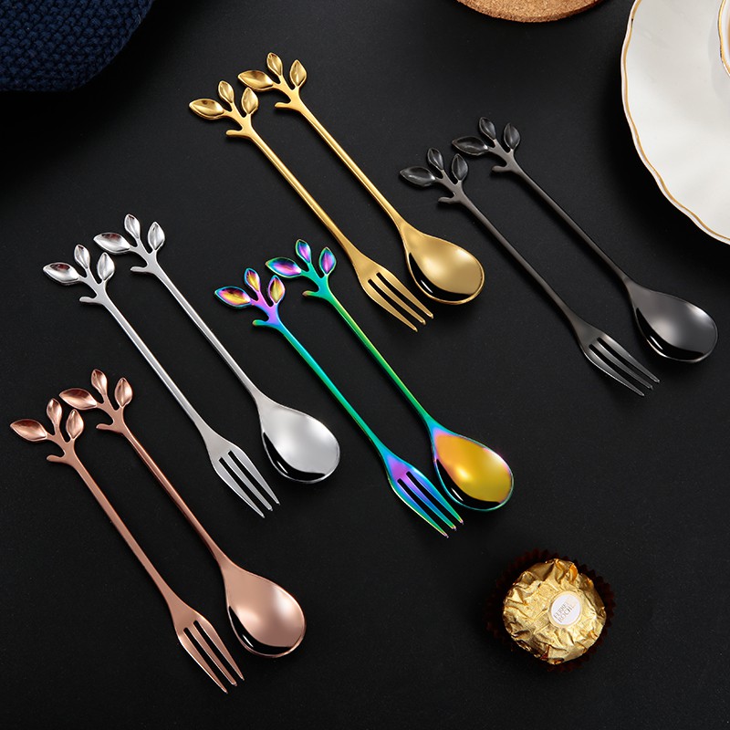 Hot Sale Stainless Steel Dessert Spoon Fork Creative Recyclable Tableware Coffee Spoon Fruit Fork for Gift Gold Leaf Spoon Fork Set