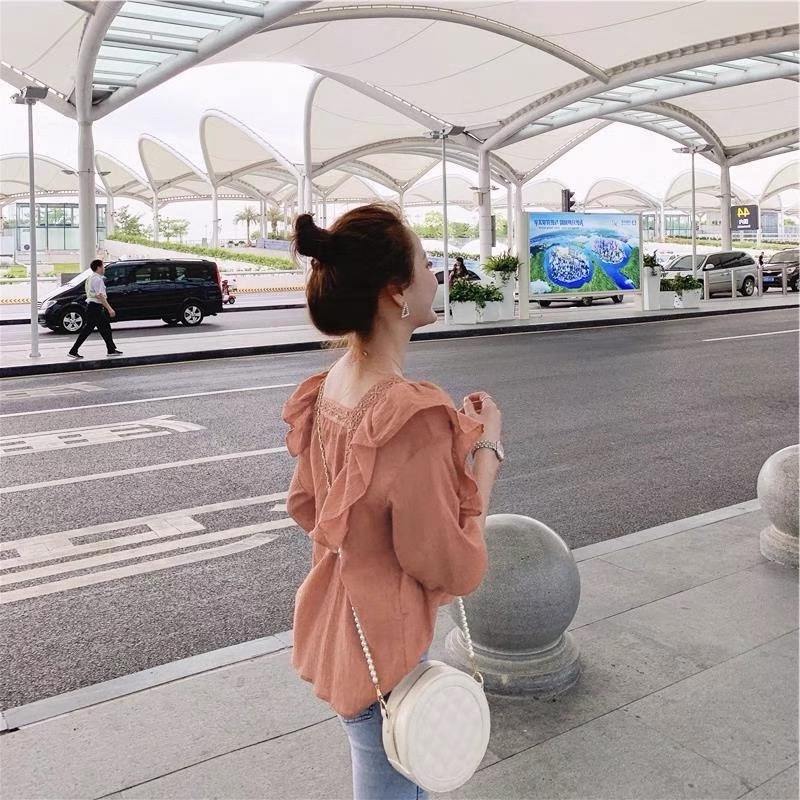 MS688 Áo kiểu nữ bèo cổ vuông ren tay lỡ chất đũi mát xuân hè