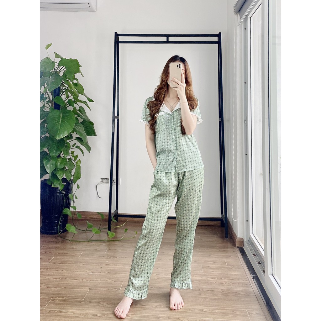Bộ Pijama lụa giấy NOHK cao cấp mặc nhà cộc tay quần dài họa tiết tay bồng