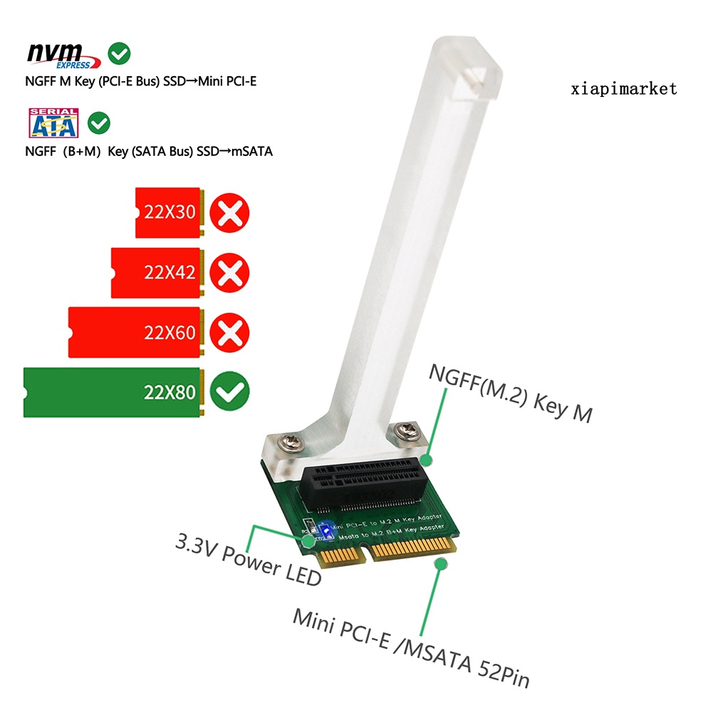 LOP_Mini PCI-E to NVME M.2 SSD Adapter mSATA to M.2 Key B+M Vertical Card Converter