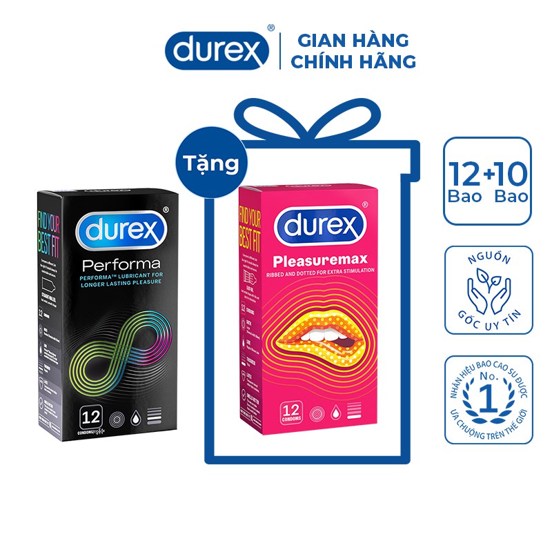 Bộ 1 hộp bao cao su Durex Performa 12 bao + tặng 1 hộp Durex Pleasuremax 12 bao