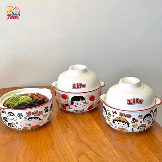 Tô úp mì có nắp hoạ tiết ngộ nghĩnh siêu dễ thương hình shin, maruko, Peko chan, bát úp mì
