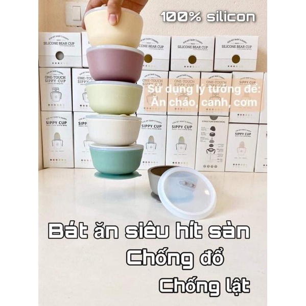 Bát ăn dặm có đế hít,kèm nắp Bluemama