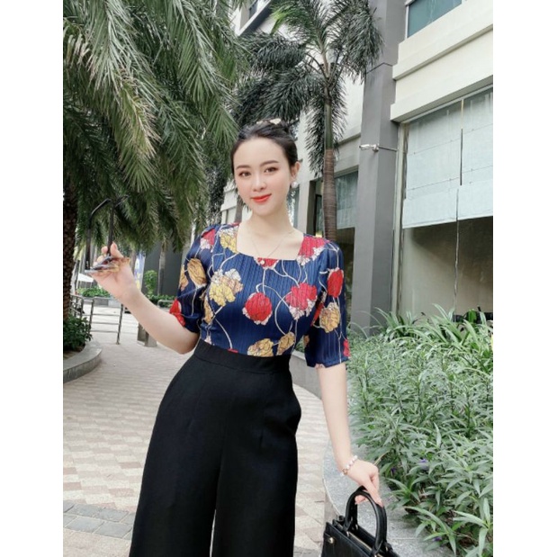 Thiết kế - Jumpsuit dài ống suông tay ngắn, bộ jum đồ bay dài cổ vuông sành điệu