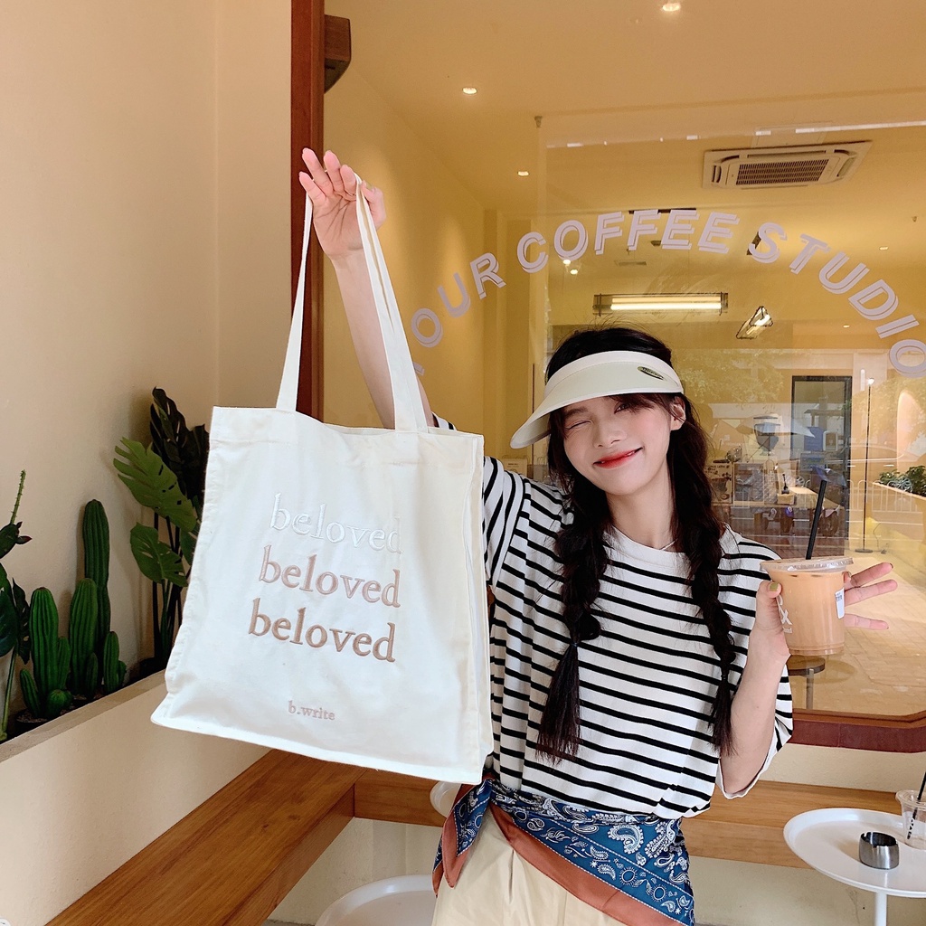 Túi Xách Canvas Màu Trơn Thêu Chữ Đơn Giản Thời Trang Cho Nữ