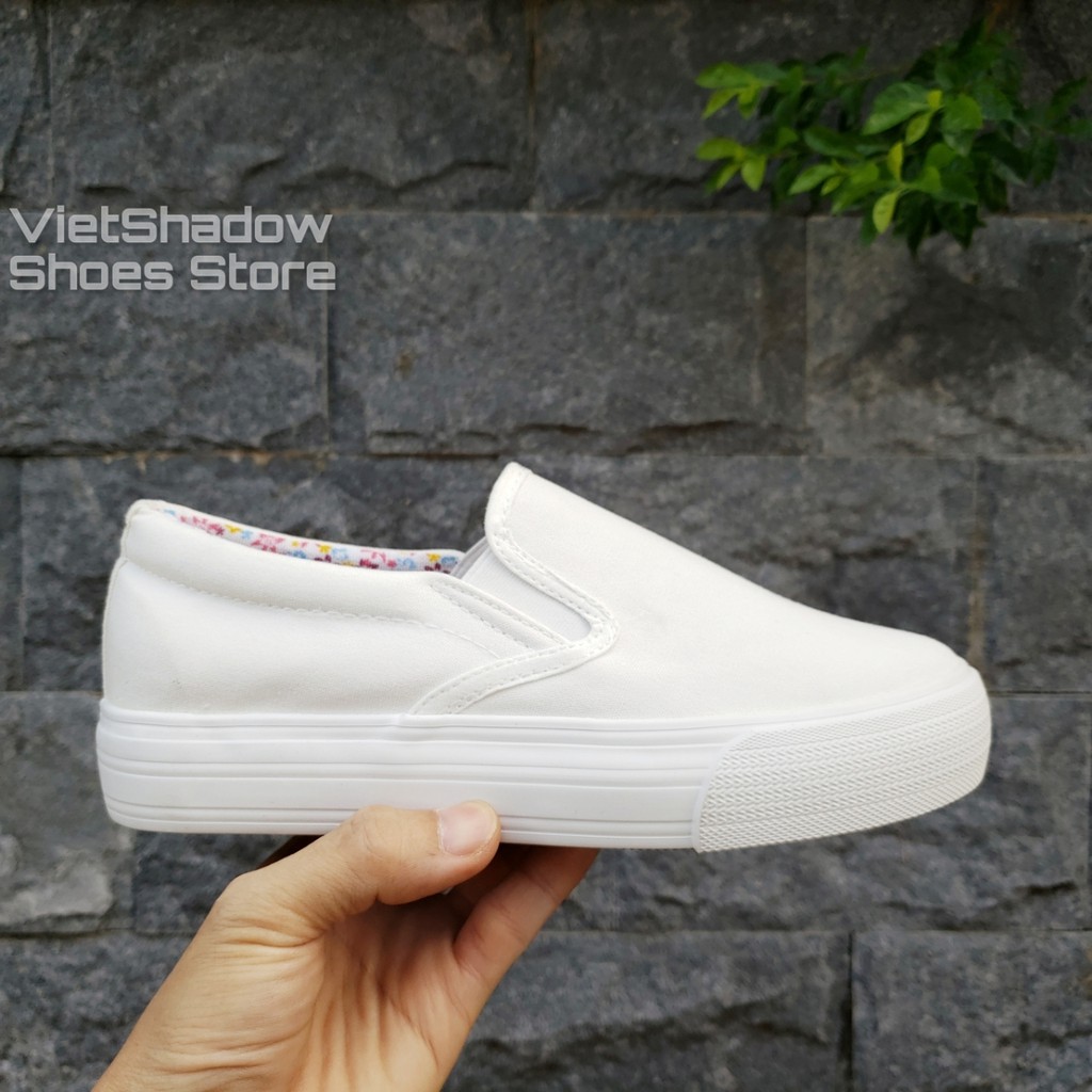 Slip on vải nữ - Giày lười vải nữ độn đế - Vải thô 2 màu (trắng) và (đen) đế trắng - Mã SP: H802