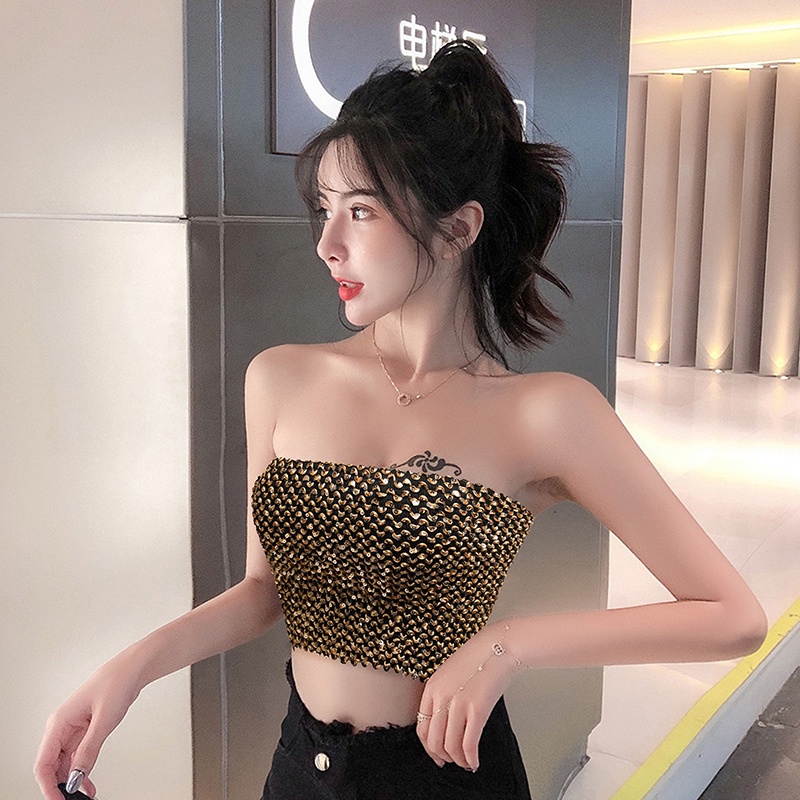 Áo Ống Ôm Dáng Co Giãn Đính Kim Tuyến Lấp Lánh Quyến Rũ Cho Nữ Aimeehouse