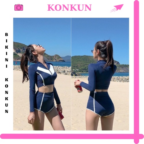 Bikini đồ bơi đi biển 2 mảnh dài tay khóa kéo cạp cao dáng thể thao KONKUN MS98