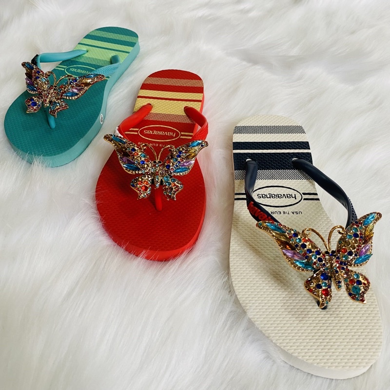 Dép kẹp xỏ ngón Havaianas nữ đính đá charm bướm thật siêu xịn loại 1 chất lượng cao đủ màu