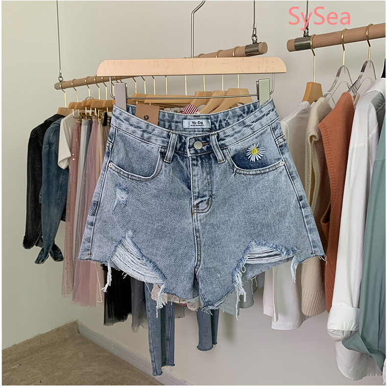Quần Short Jeans Lưng Cao Thêu Hoa Phong Cách Hàn Quốc Thời Trang Cho Nữ