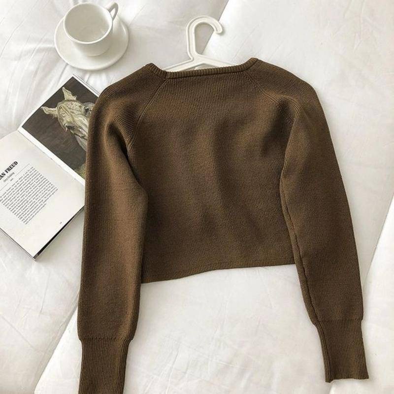 Áo Sweater Dệt Kim Tay Dài Cổ Tròn Dáng Rộng Ngắn Lưng Thời Trang Cho Nữ
