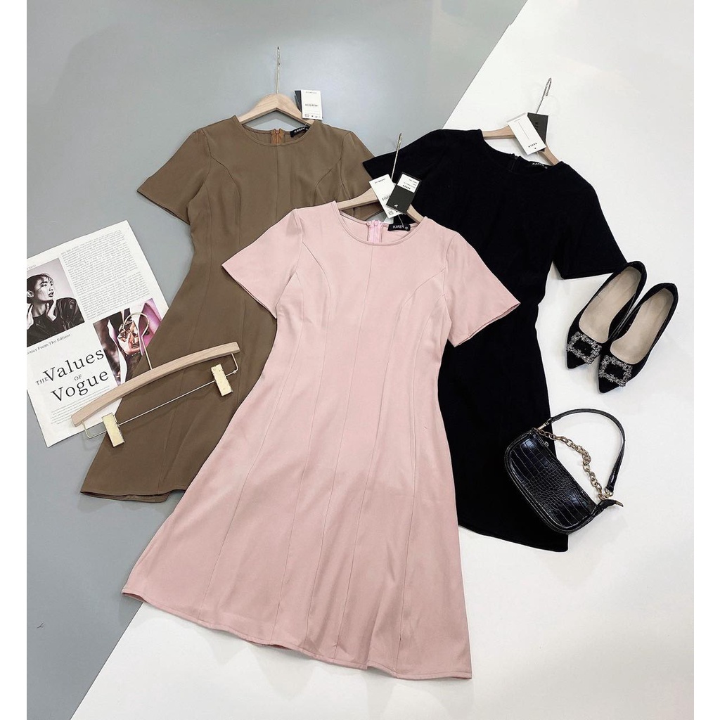 Đầm ngắn tay trơn cổ tròn nhấn li eo 3 màu V2747 Aholic