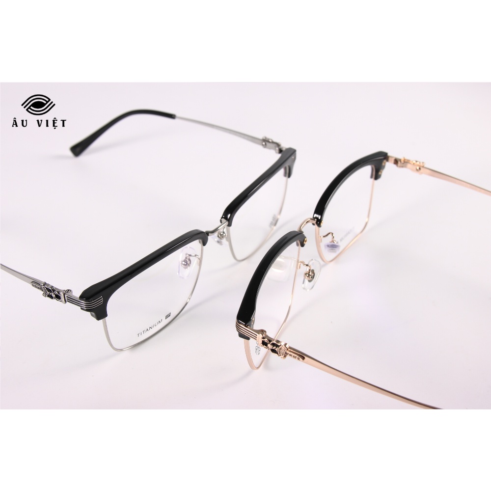 Gọng kính kim loại titanium Ch 7213 nam nữ unisex dáng chữ nhật vuông clubmaster màu vàng/bạc Full box