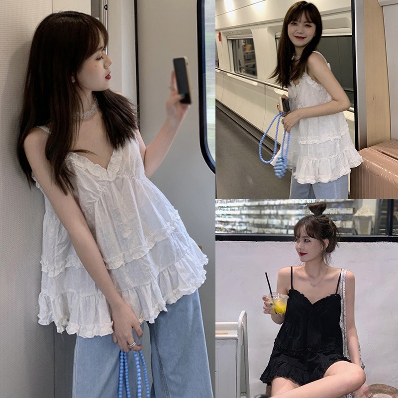 Áo Hai Dây Cổ Chữ V Dáng Rộng Màu Trơn Phong Cách Hàn Quốc Thời Trang Cho Nữ