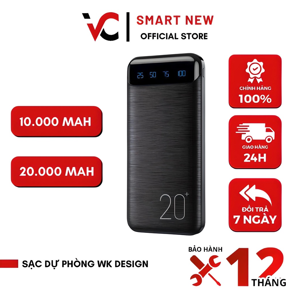 Sạc Dự Phòng WEKOME 20000 mAh Tích hợp 2 cổng sạc đầu ra và màn hình Led hiển thị pin , Hỗ trợ sạc nhanh 2.1A, BH 12T