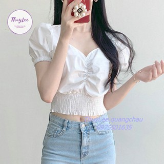 Áo Croptop cổ vuông bo chun eo phong cách Hàn Quốc