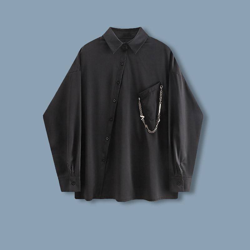 Áo Sơ Mi Đen Dài Tay Dáng Rộng Dây Xích Kim Loại Không Đối Xứng Trang Trí Hình Dạng Áo Sơ Mi Unisex