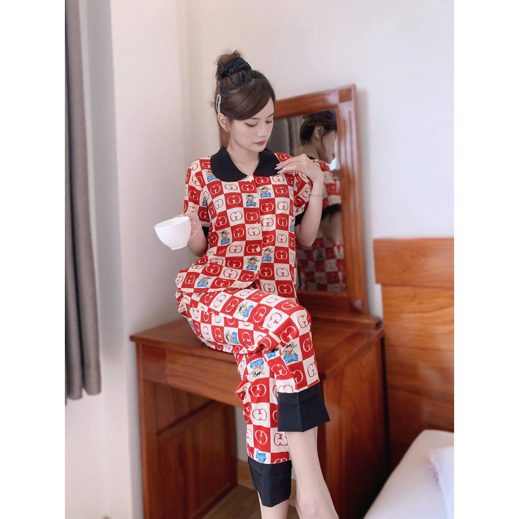 Pijama Bò Sữa GUCCI Đáng Yêu Lửng Viền Đen Cổ Sen Mặc Ở Nhà Dễ Mặc, Thoải Mái