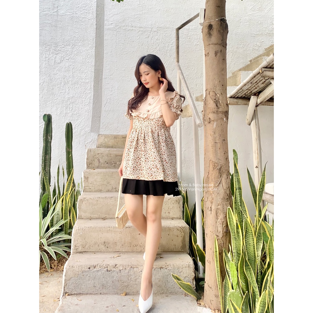 EVERMOM l Áo bầu babydoll hoa nhí nơ cổ