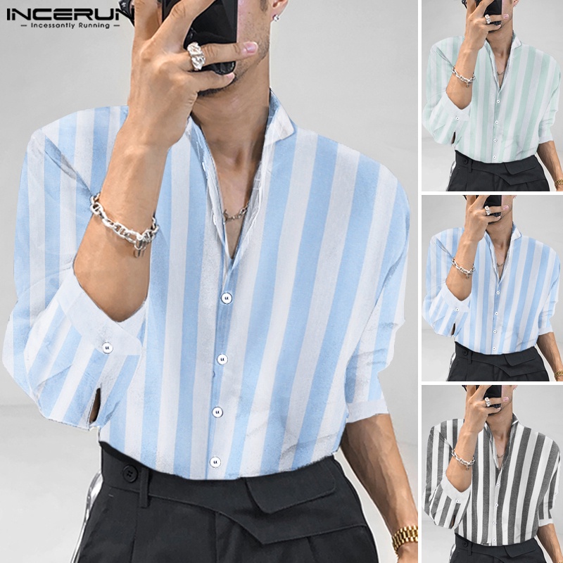 INCERUN Áo Sơ Mi Henley Dài Tay Cổ Tròn Họa Tiết Kẻ Sọc Cho Nam