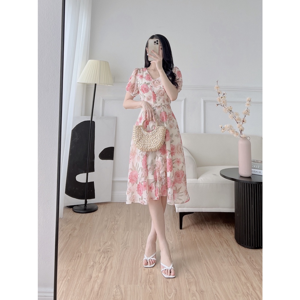 Váy hoa nhí công sở dáng xòe họa tiết hoa hồng cổ chữ V ngắn tay chất vải lụa cao cấp dự tiệc thiết kế EvaLover