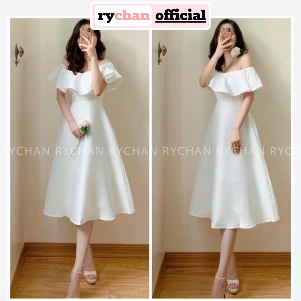 Đầm Nữ Đi Biển Dáng Dài Trễ Vai Phối Bèo Vải Phi Bóng Cực Kì Hút Mắt Màu Trắng [ẢNH THẬT CUỐI] - DX9836