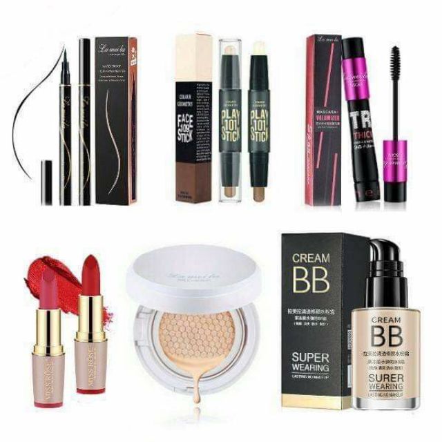 Bộ trang điểm cá nhân 6 món gồm Son+Kem nền BB+ Phấn nước+ tạo khối 2 đầu+mascara+ kẻ mắt