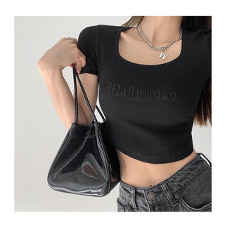 Áo Croptop Thêu Chữ Phong Cách Vintage Mỹ Gợi Cảm Cho Nữ