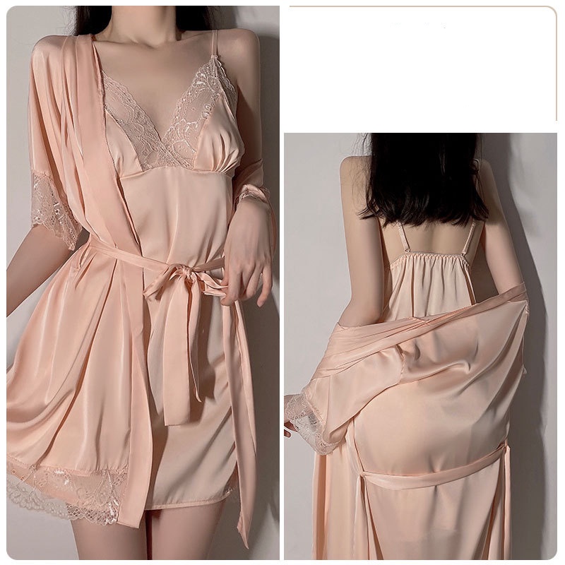 Váy ngủ lụa 2 dây viền ren gợi cảm cao cấp tặng kèm áo choàng lụa mềm mại sang trọng