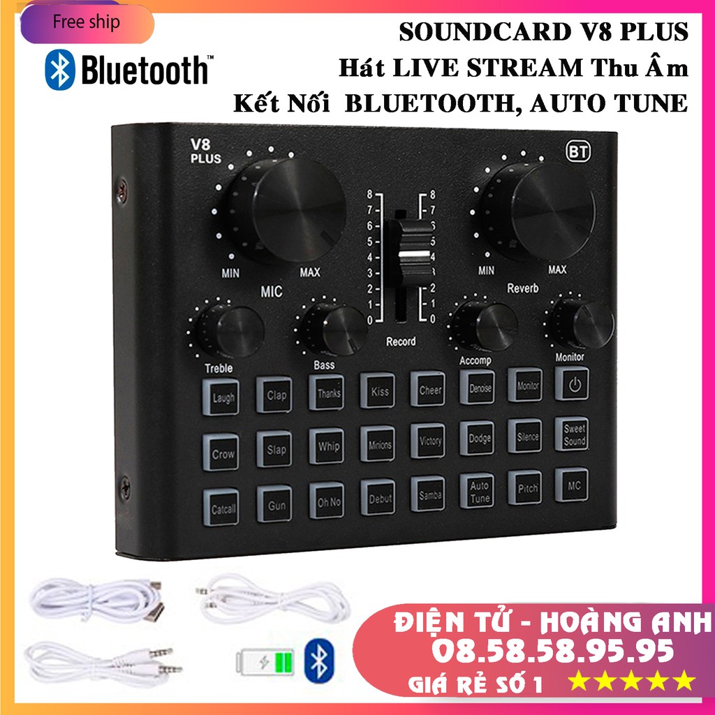 Sound Card V8 Plus - Bluetooth -Thu Âm Thanh,Livestream,Hát Karaoke - Pin Sạc USB Audio Interface Soundcard V8 plus