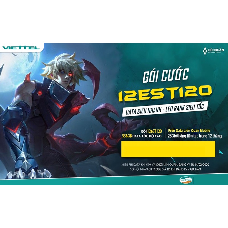 Sim viettel 4G 12EST120 trọn gói 1 năm không cần nạp tiền miễn phí chơi game liên quân