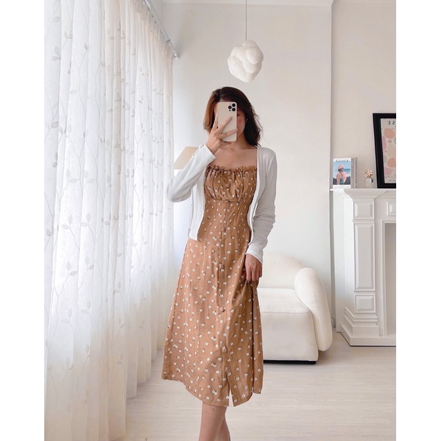 SET ĐẦM HOA NÚT BỌC + ÁO KHOÁC TRẮNG