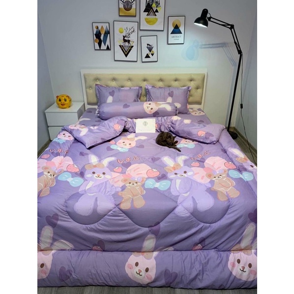 Bộ chăn ga 5 món phao-hè thỏ tím
