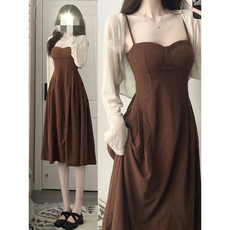 Váy xòe 2 dây màu nâu phong cách tiểu thư ( Tặng Kèm Áo Cardigan mỏng khoác ngoài ) Yame clothing Hàng quảng châu loại 1