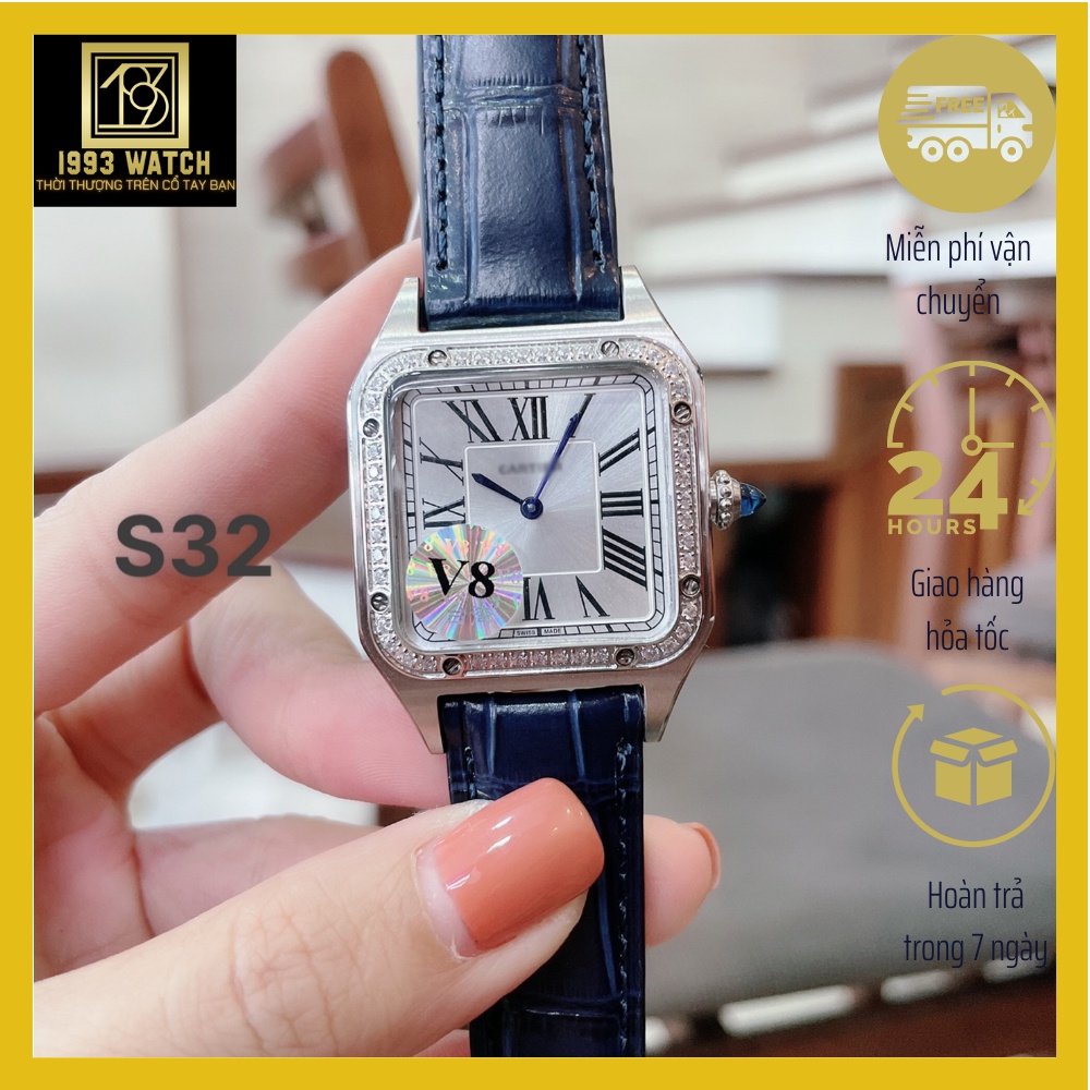 Đồng Hồ Nữ Catier Viền Đính Đá , Máy Pin , Dây Da Vân , Size 28/32mm