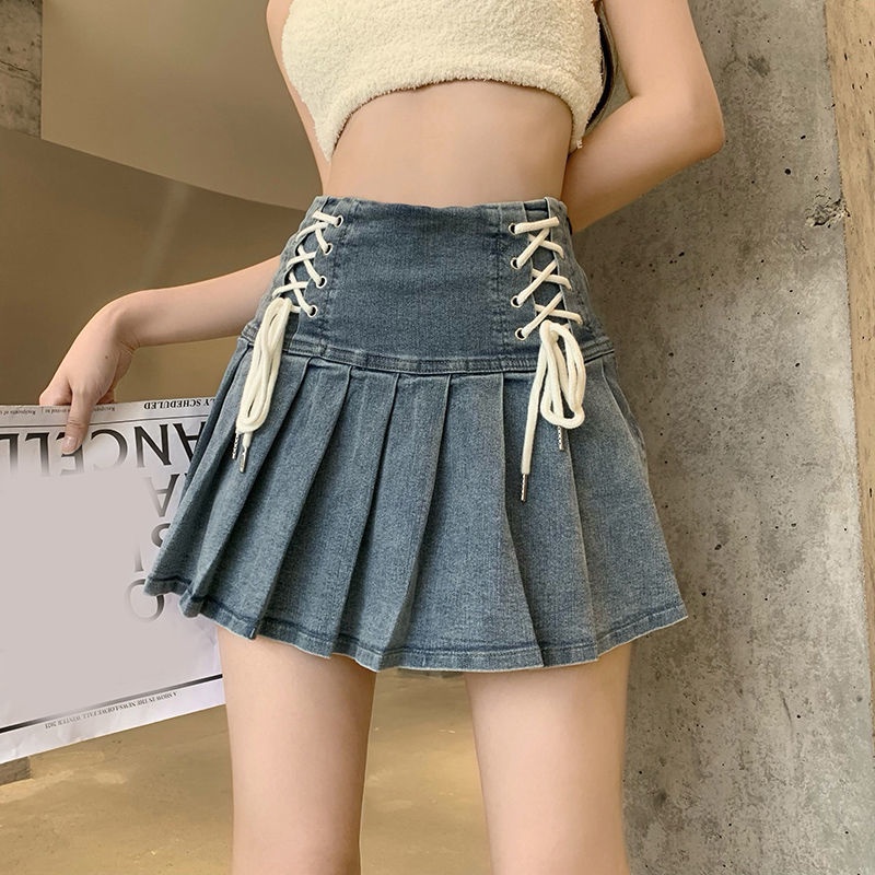 JSC Chân Váy Denim Xếp Ly Lửng Xếp Ly Dây Chéo Thời Trang Mùa Hè Hàn Quốc Ngọt Ngào