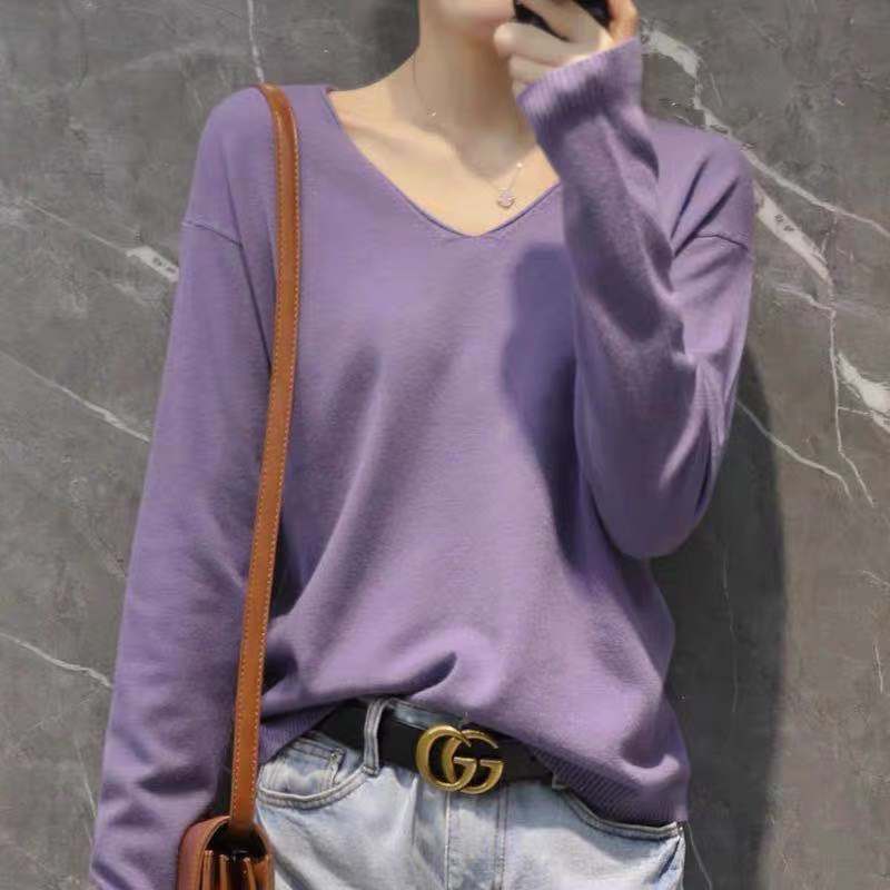 Áo len cashmere mỏng chui đầu tay dài cổ chữ V màu sắc đơn giản dễ phối đồ thời trang 2020