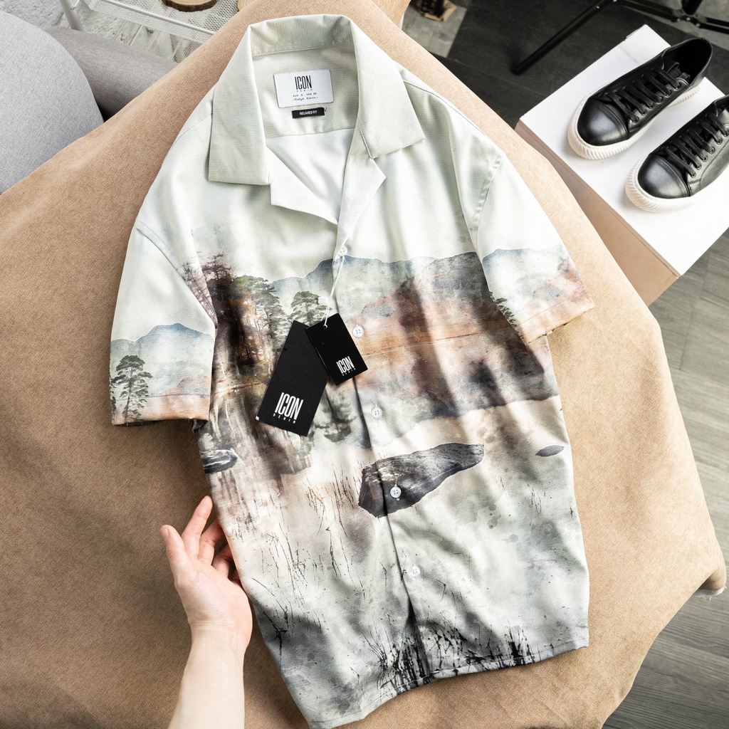 Áo sơ mi nam họa tiết nhiệt đới, chất vải siêu mịn mát 8400