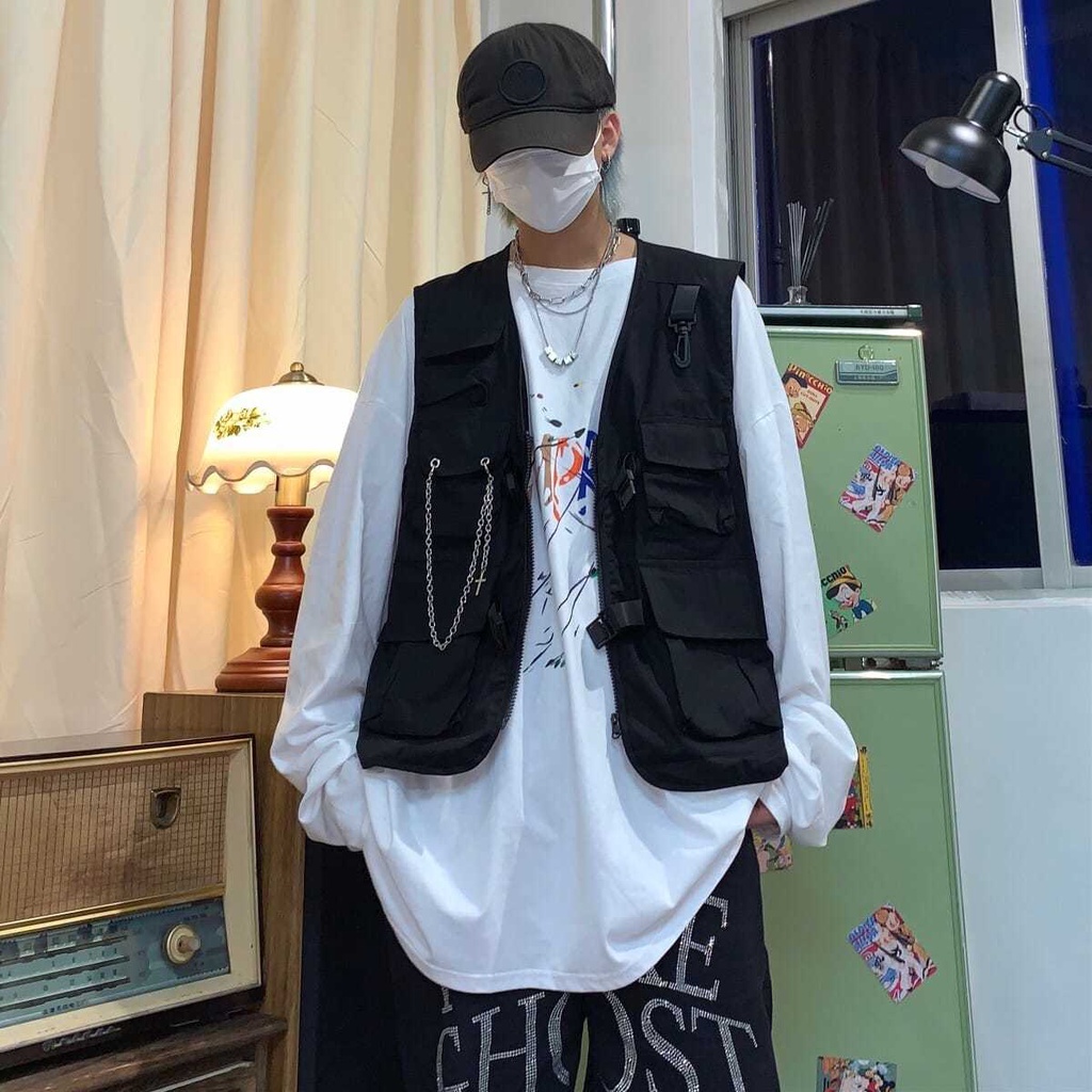 Áo Khoác Ghi Lê Nhiều Túi Phong Cách Hip Hop Nhật Bản Thời Trang Cho Nam