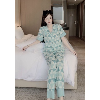 BỘ PIJAMA LỤA MANGO CỔ NHỌN PHỐI BÈO FREESIZE DƯỚI 60KG