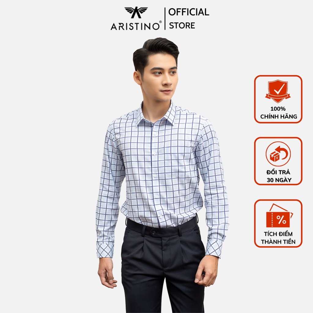 Áo sơ mi nam dài tay Aristino họa tiết kẻ caro xanh thời thượng, chất vải mềm mại, thoáng khí - ALS27409