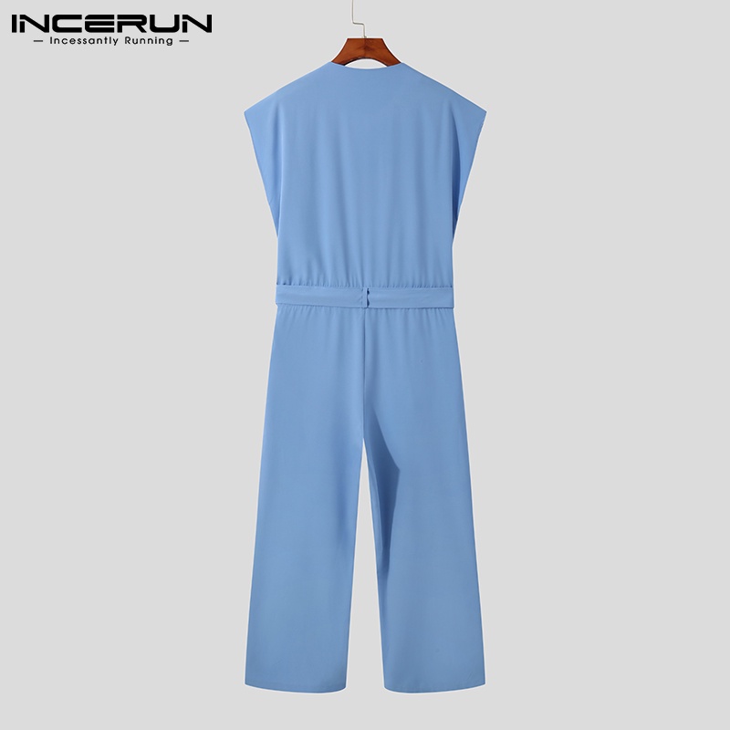 Bộ áo liền quần INCERUN cổ chữ v không tay cài nút thắt lưng thời trang mùa hè cho nam