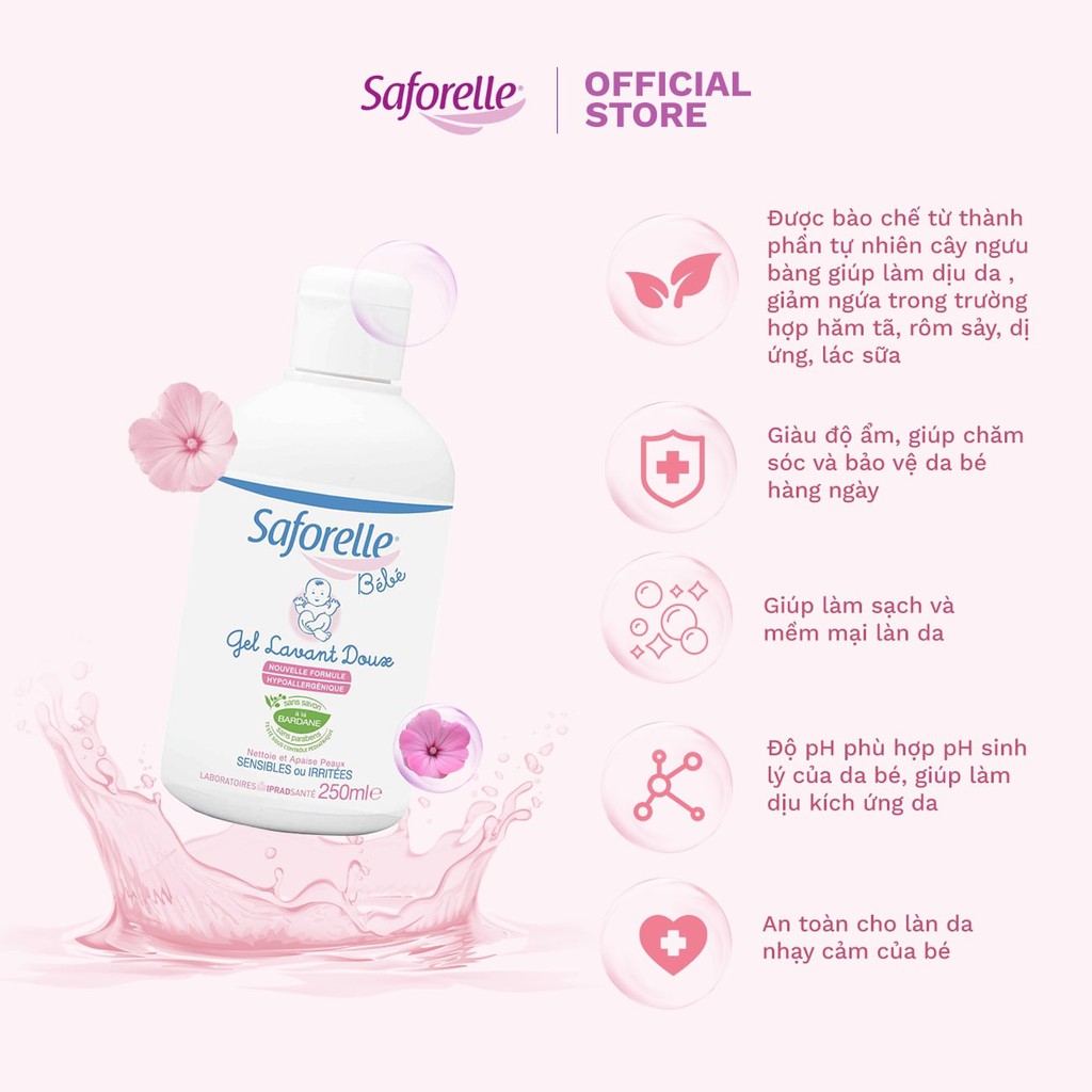 Gel tắm gội cho bé Saforelle BeBe cao cấp giúp làm sạch dịu dàng trên làn da mỏng manh của bé 250ml