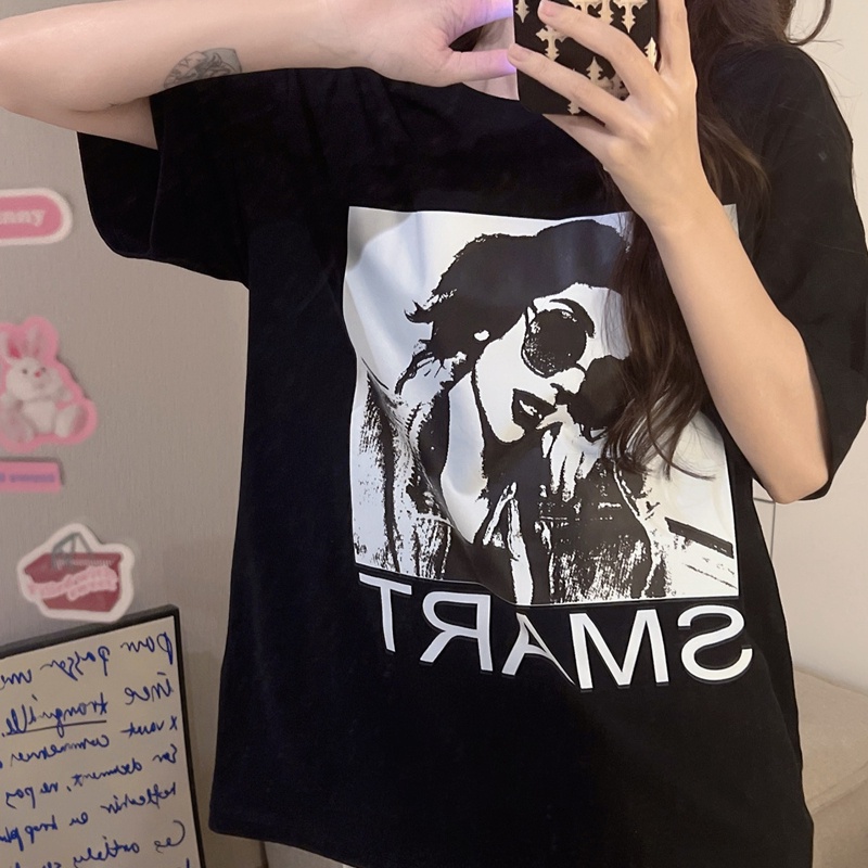 Áo thun SUXI dáng rộng cổ tròn tay ngắn in họa tiết đơn giản thời trang mùa hè cho nữ